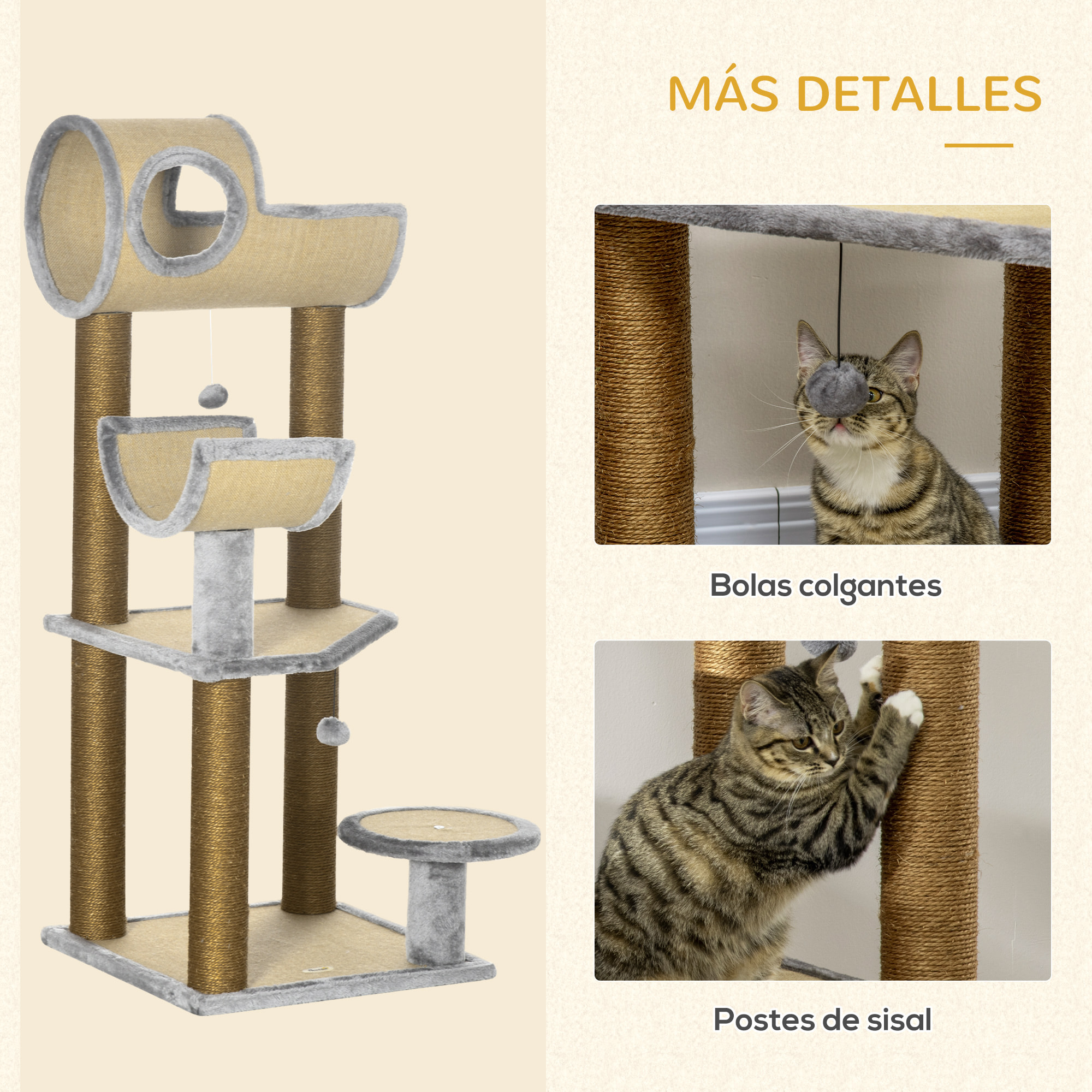 PawHut Árbol Rascador para Gatos de 122 cm Torre Escalador para Gatos con Cama Múltiples Plataformas Bolas Colgantes y Postes de Sisal 49x49x122 cm Marrón