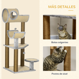 PawHut Árbol Rascador para Gatos de 122 cm Torre Escalador para Gatos con Cama Múltiples Plataformas Bolas Colgantes y Postes de Sisal 49x49x122 cm Marrón