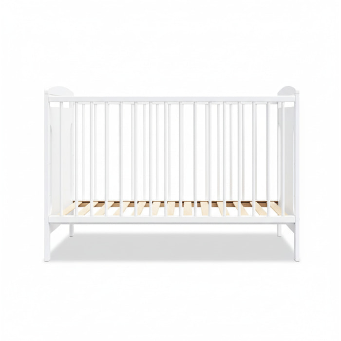 Lit Bébé Évolutif Margot 60x120 cm en Bois, Blanc, Sommier Réglable 3 Hauteurs, Barreaux Amovibles