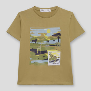 Camiseta Niño Color Tierra con Estampado de Safari y Animales, 100% Algodón | Color: Tierra | Street Monkey