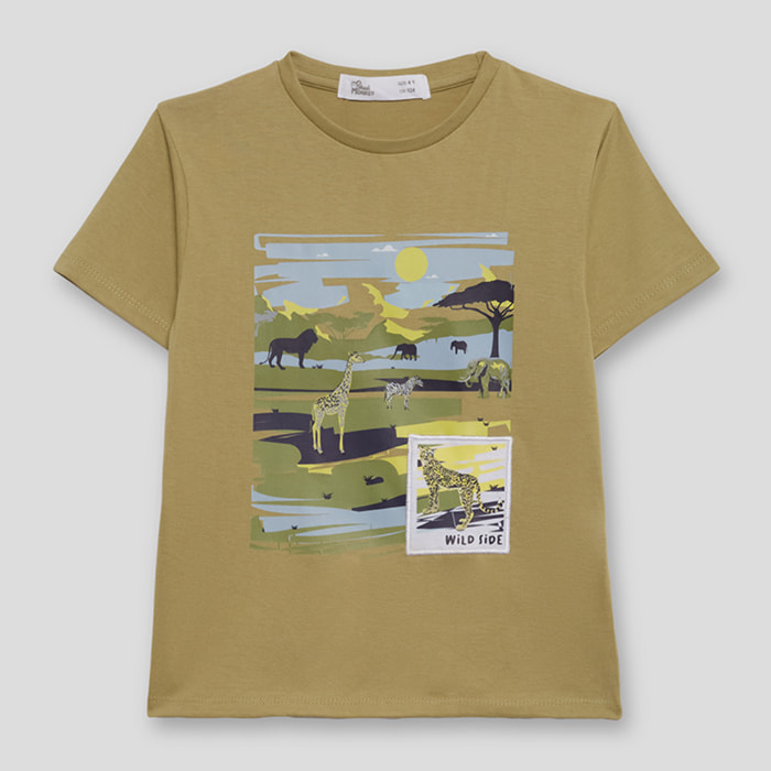 Camiseta Niño Color Tierra con Estampado de Safari y Animales, 100% Algodón | Color: Tierra | Street Monkey