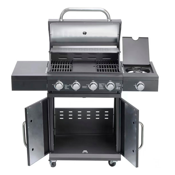 Barbecue a gas con 4+1 bruciatori e termometro integrato.