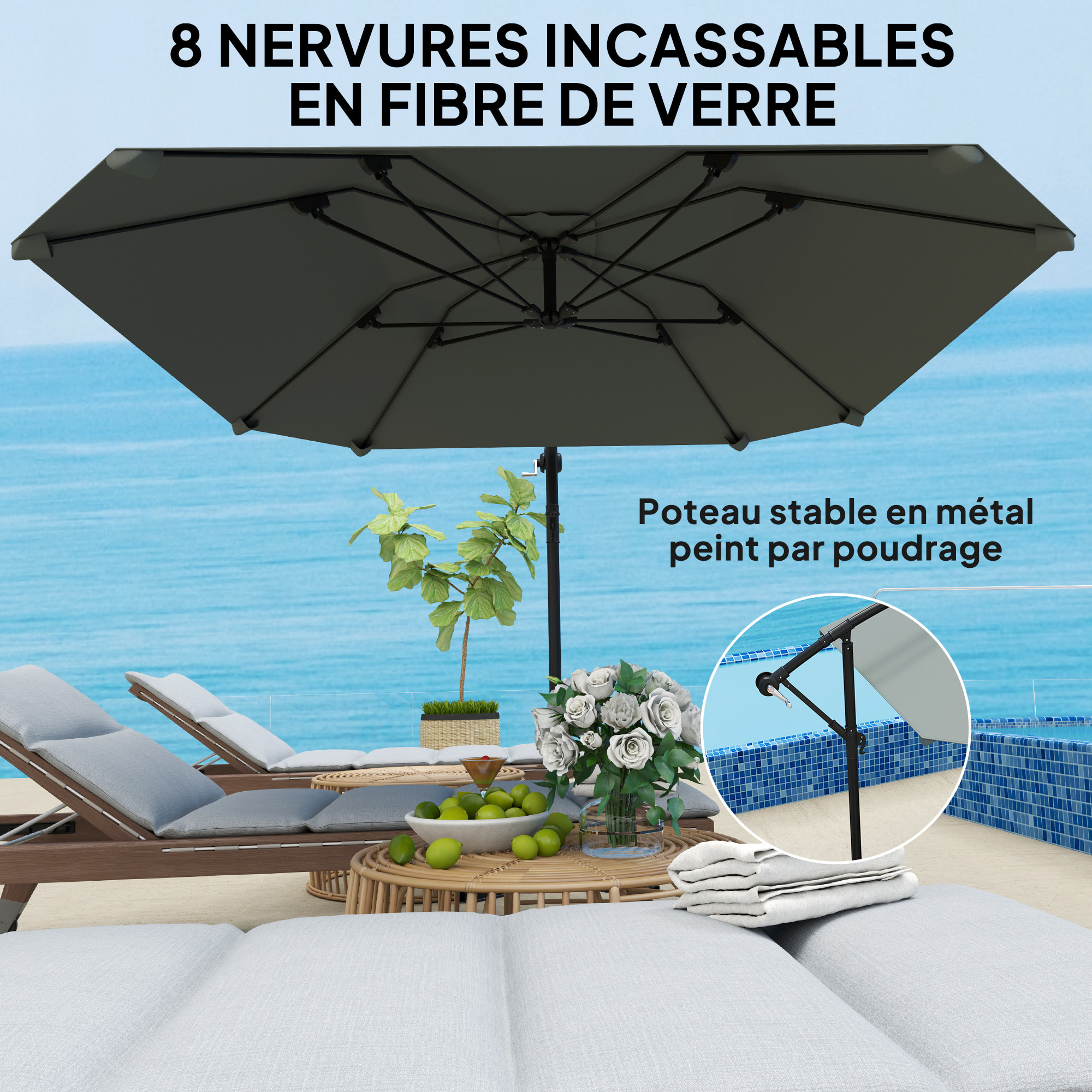 Parasol déporté inclinable 3,04 x 2,6 x 2,45 m métal époxy polyester gris