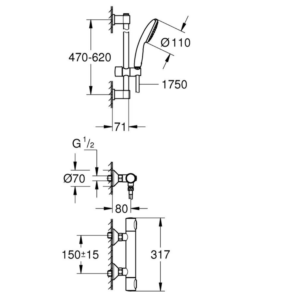 Mitigeur thermostatique de douche Precision Flow avec barre 60cm