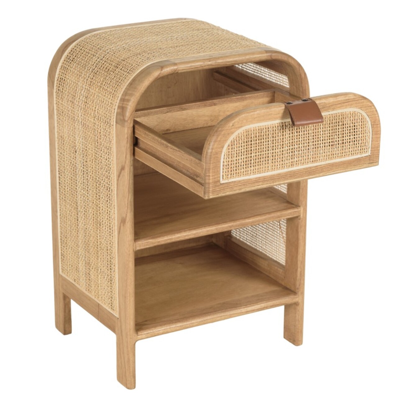 AMY - Chevet forme arrondie mindi et rotin naturel 1 tiroir 2 étagères AMY