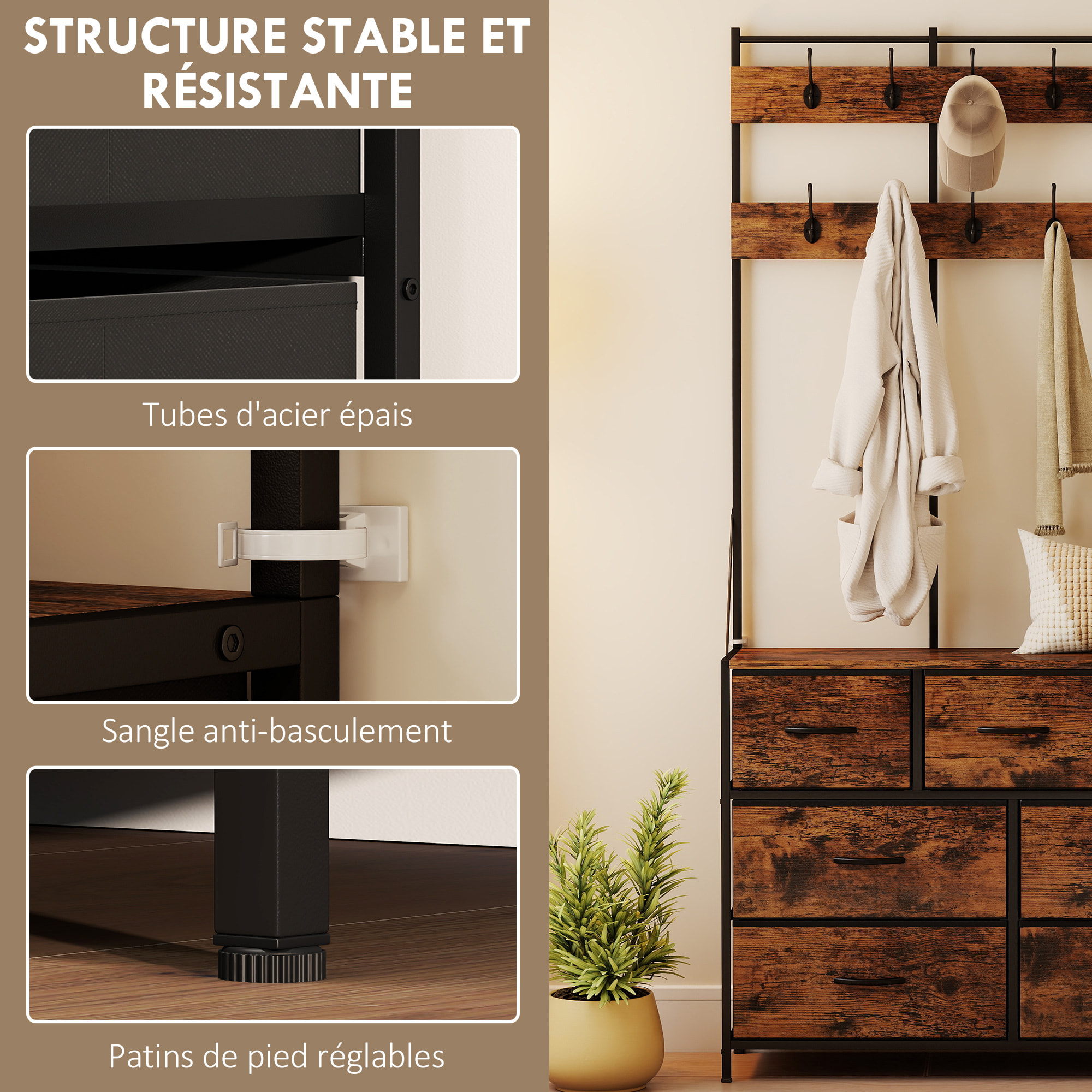 Meuble d'entrée 4 en 1 style industriel multi-rangement métal noir effet bois vieilli