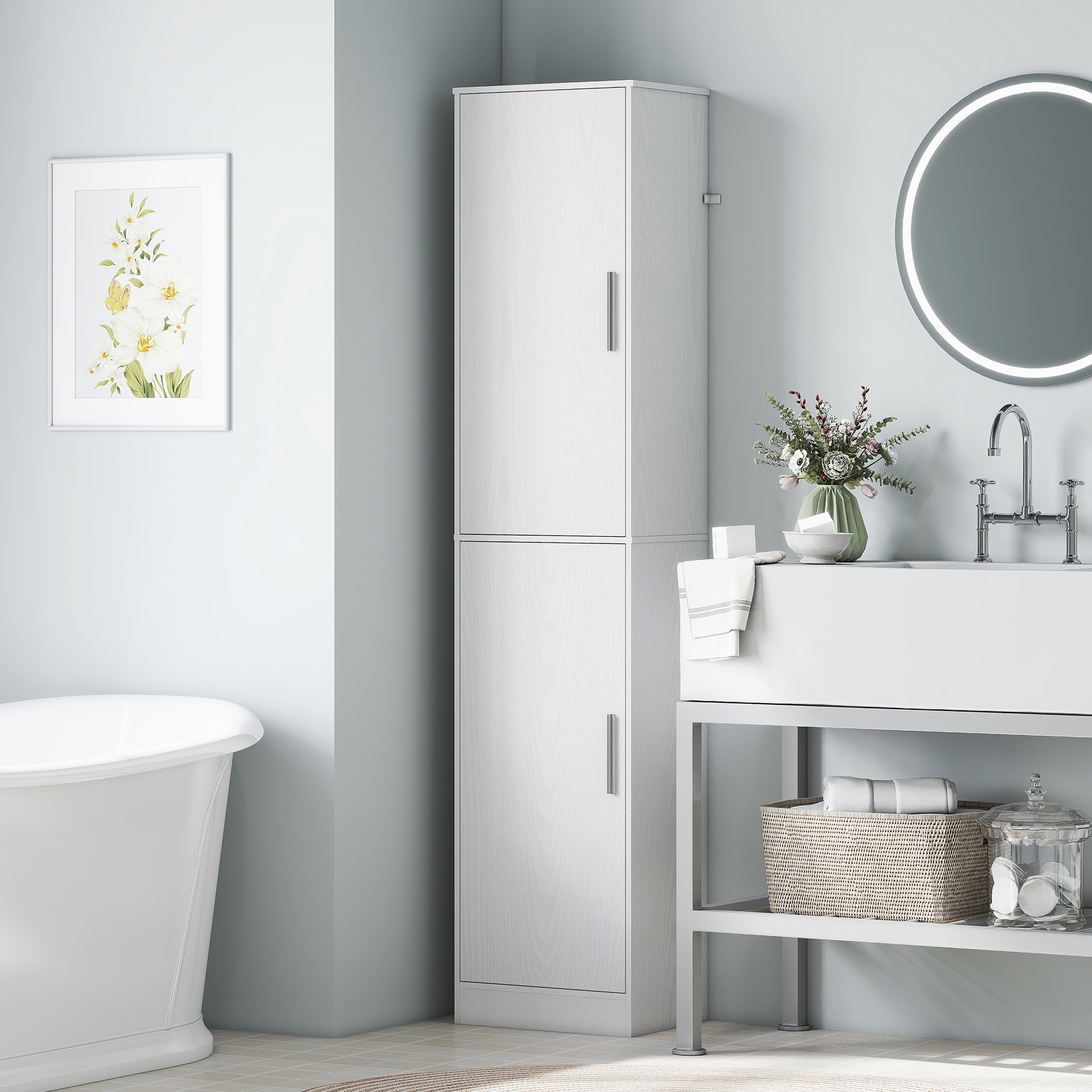 Colonne salle de bain H180 cm - 2 portes, 4 étagères réglables - effet bois blanc