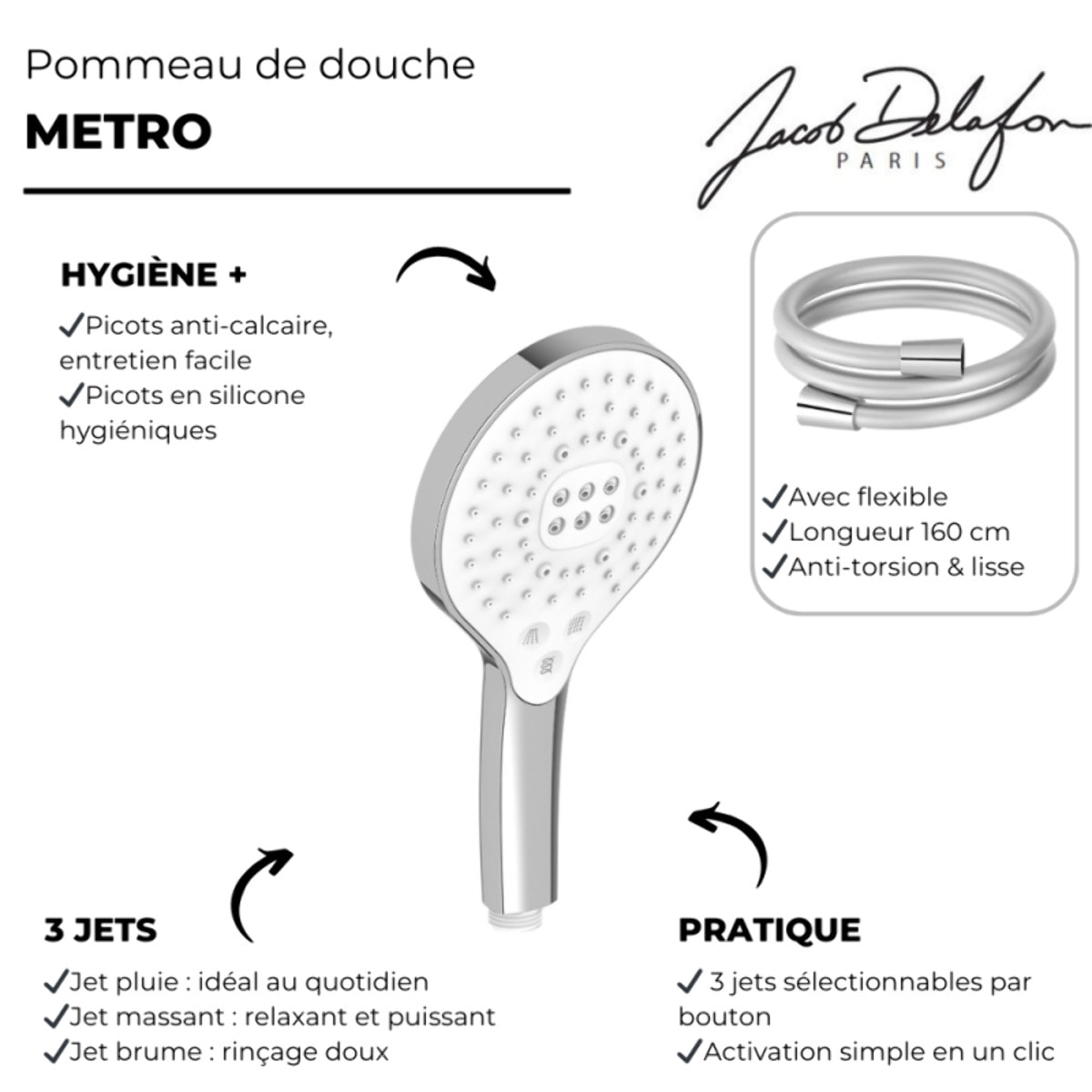 Pommeau de douche 3 jets Metro signature laiton brossé + flexible