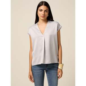 Oltre - T-shirt bimaterica con scollo a V - Grigio