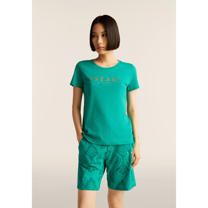 T-shirt in jersey con logo oro chiaro sul fronte