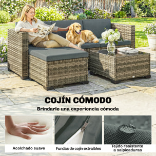 Conjunto de Jardín de Ratán de 5 Piezas, Conjunto Terraza Resistente, Muebles Jardín Exterior Incluye Cojines, 2 Sillones de Esquina, Sillón sin Brazos, Reposapiés y Mesa Centro, Gris Oscuro