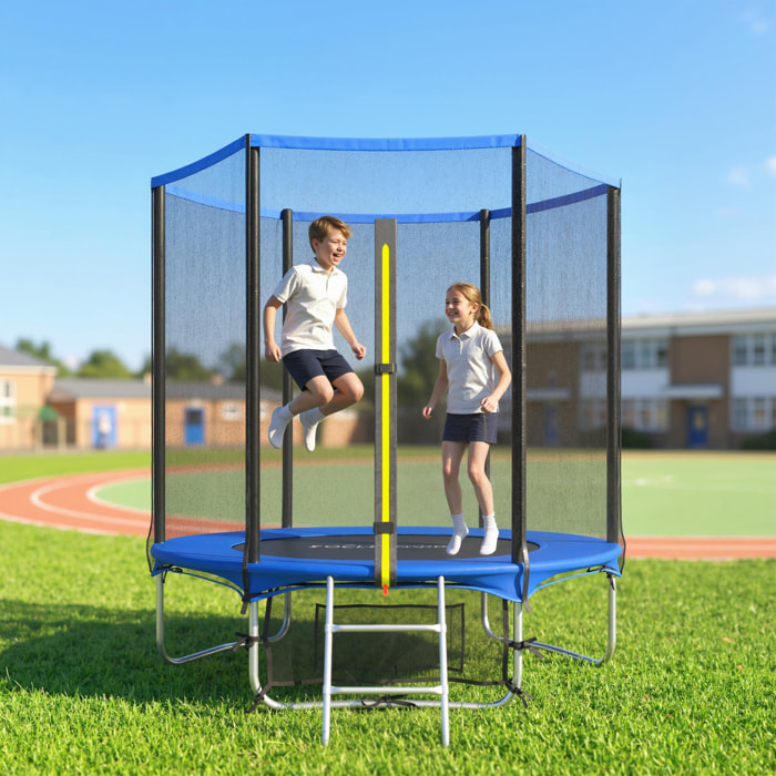 Cama Elástica Niños Exterior Ø183 cm, Trampolín para Niños de +6 Años con Red de Seguridad, Escalera de 2 Peldaños, Cubierta de Muelles, Bolsa de Almacenamiento, Carga 80 kg, Azul