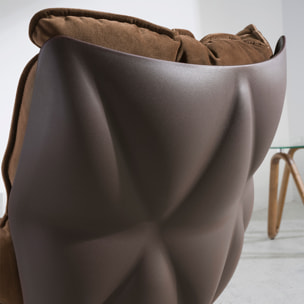Sillón giratorio tapizado en tela aterciopelada en marrón con estructura de patas de madera en nogal 70x75x94cm