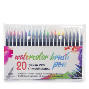 Set de 20+1 Rotuladores con punta de pincel acuarelables con pincel mezclador de agua. Pinceles premium de nylon flexible para Manga, dibujos y caligrafía.