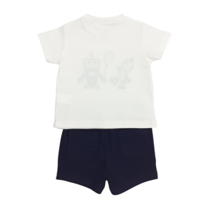 COMPLETO COMPOSTO DA TSHIRT GIROCOLLO BIANCA CON PERSONALIZZAZIONE ROBOTTINI E DETTAGLI A CONTRASTO GIALLI E SHORT IN JERSEY DI COTONE BLU CAPO ADATTO ALLA STAGIONE PRIMAVERA/ESTATE
