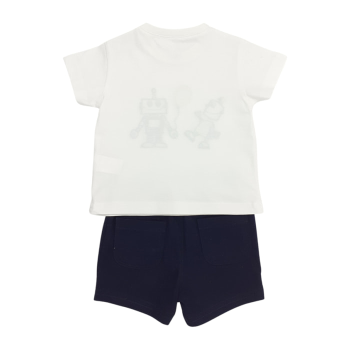 COMPLETO COMPOSTO DA TSHIRT GIROCOLLO BIANCA CON PERSONALIZZAZIONE ROBOTTINI E DETTAGLI A CONTRASTO GIALLI E SHORT IN JERSEY DI COTONE BLU CAPO ADATTO ALLA STAGIONE PRIMAVERA/ESTATE
