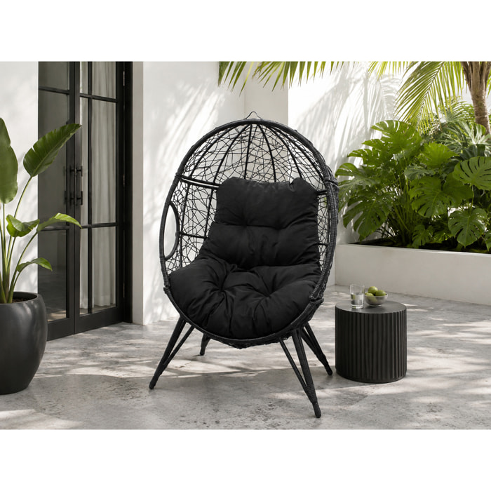 Fauteuil œuf sur pied en résine noir effet rotin JIMMY