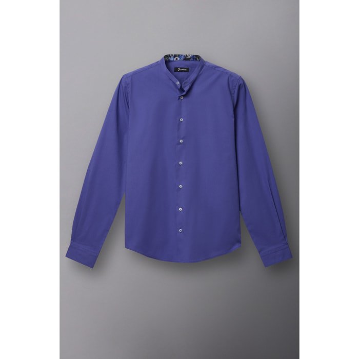 Camicia Uomo Coreano Slim Popeline Stretch Unito Celeste Cadetto