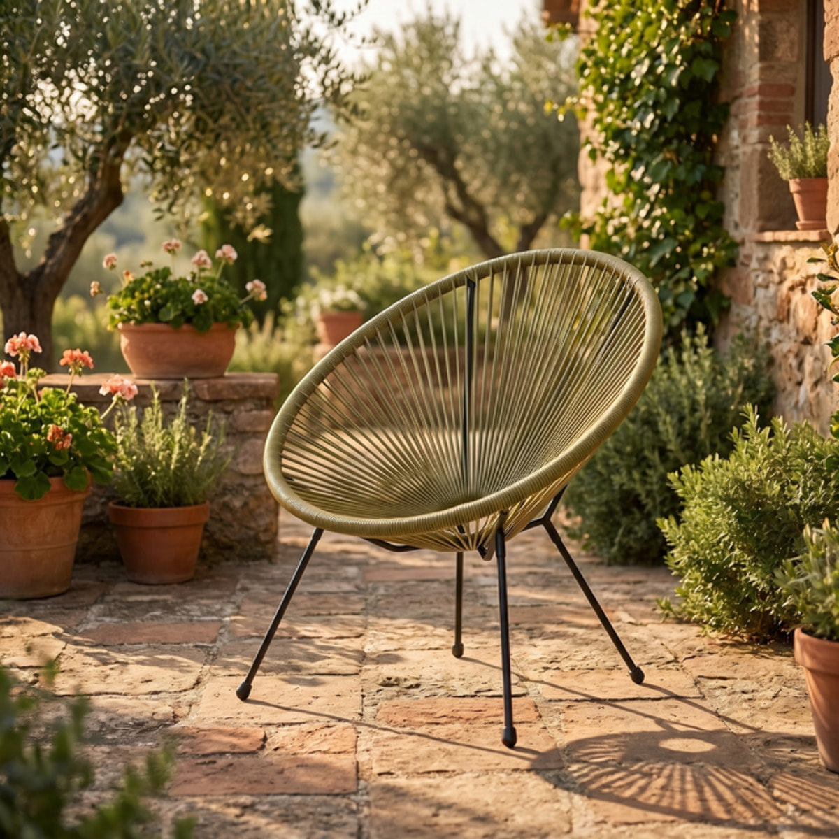 Sedia da giardino in acciaio e vimini sintetico multistring, poltrona outdoor design moderno, resistente a UV e acqua, antiruggine e facile da montare, seduta ergonomica e traspirante, ideale per balcone terrazzo e giardino