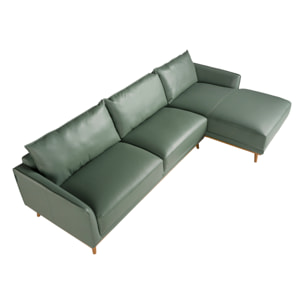 Sofá chaise longue derecha de 5 plazas tapizado en piel de origen vacuno en verde patas de madera en miel 295x160x90cm