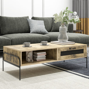 Table basse rectangulaire style industriel niche tiroir coulissant métal noir panneaux particules aspect vieux bois veinage