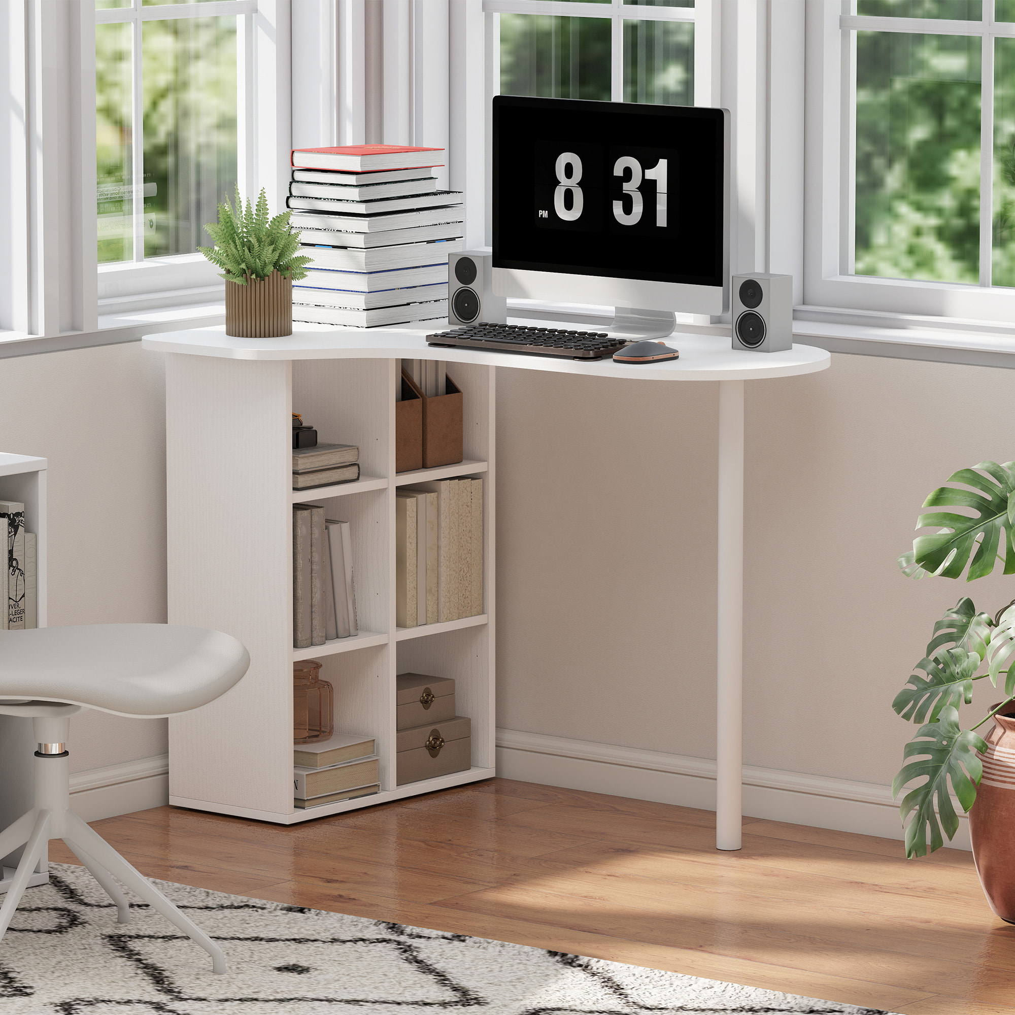 Bureau design - bureau forme organique compacte dim. 100 x 59 cm - 6 niches - acier MDF blanc