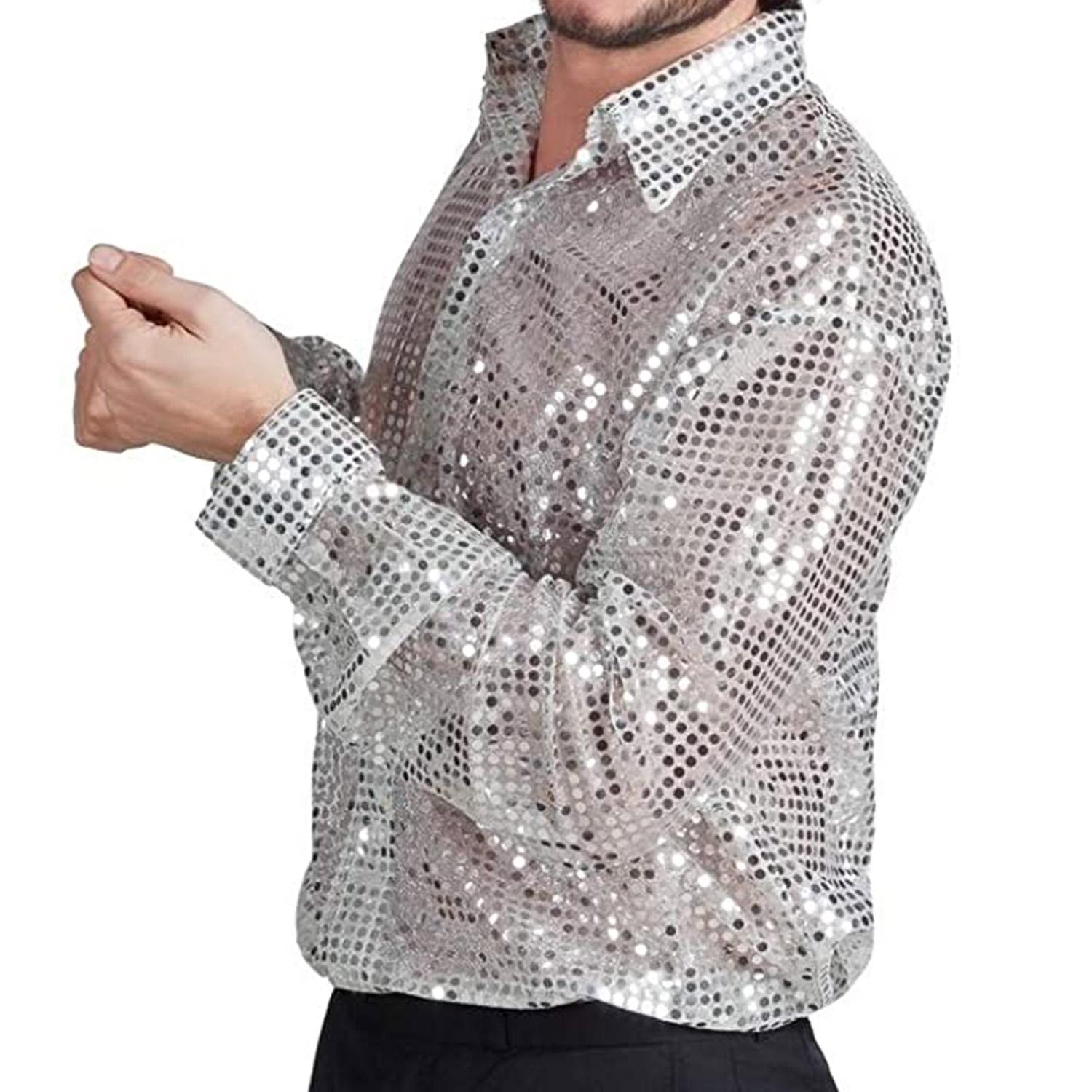 Camicia Disco Spangles Paillettes Argento Uomo