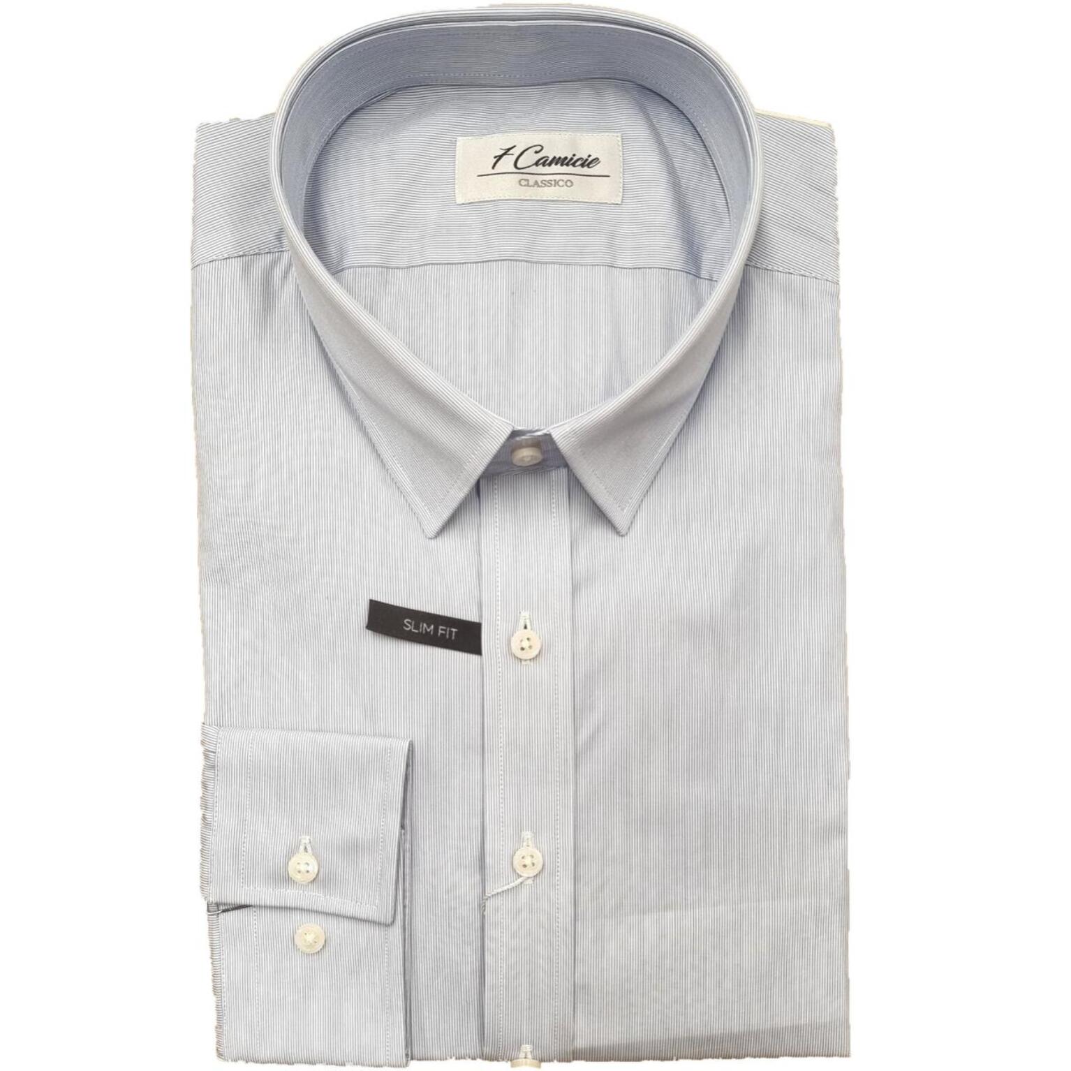 Camicia Uomo 1 Bottone Italiano Slim Popeline Riga Stretta Celeste/Bianco
