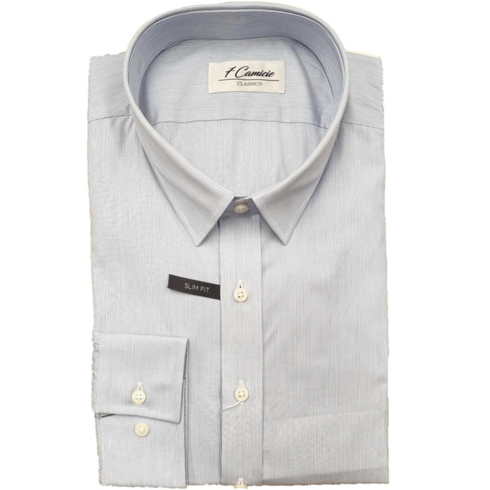 Camicia Uomo 1 Bottone Italiano Slim Popeline Riga Stretta Celeste/Bianco