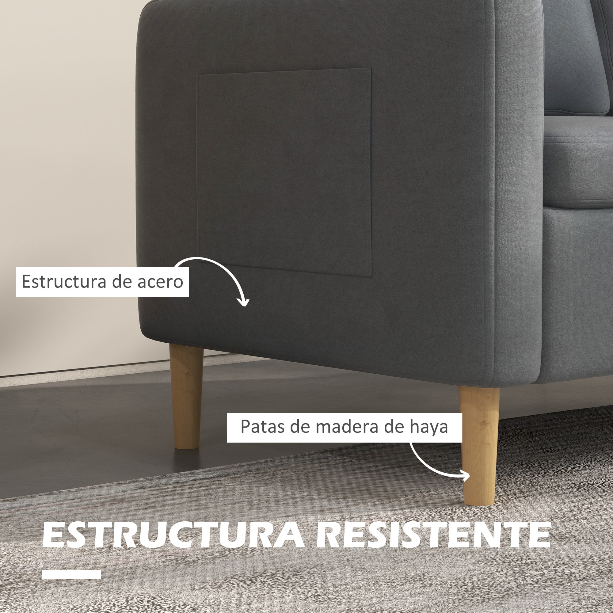 Sofá de 2 Plazas Sillón Moderno Tapizado en Poliéster con 2 Bolsillos Laterales Reposabrazos y Patas de Madera para Dormitorio Oficina Carga 200 kg 143x76x83 cm Gris