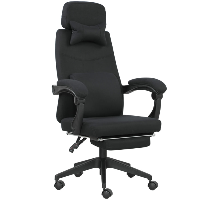 Fauteuil de bureau manager grand confort dossier réglable repose-pied coussin lombaire roulettes 360° lin 62L x 68P x 127H cm noir