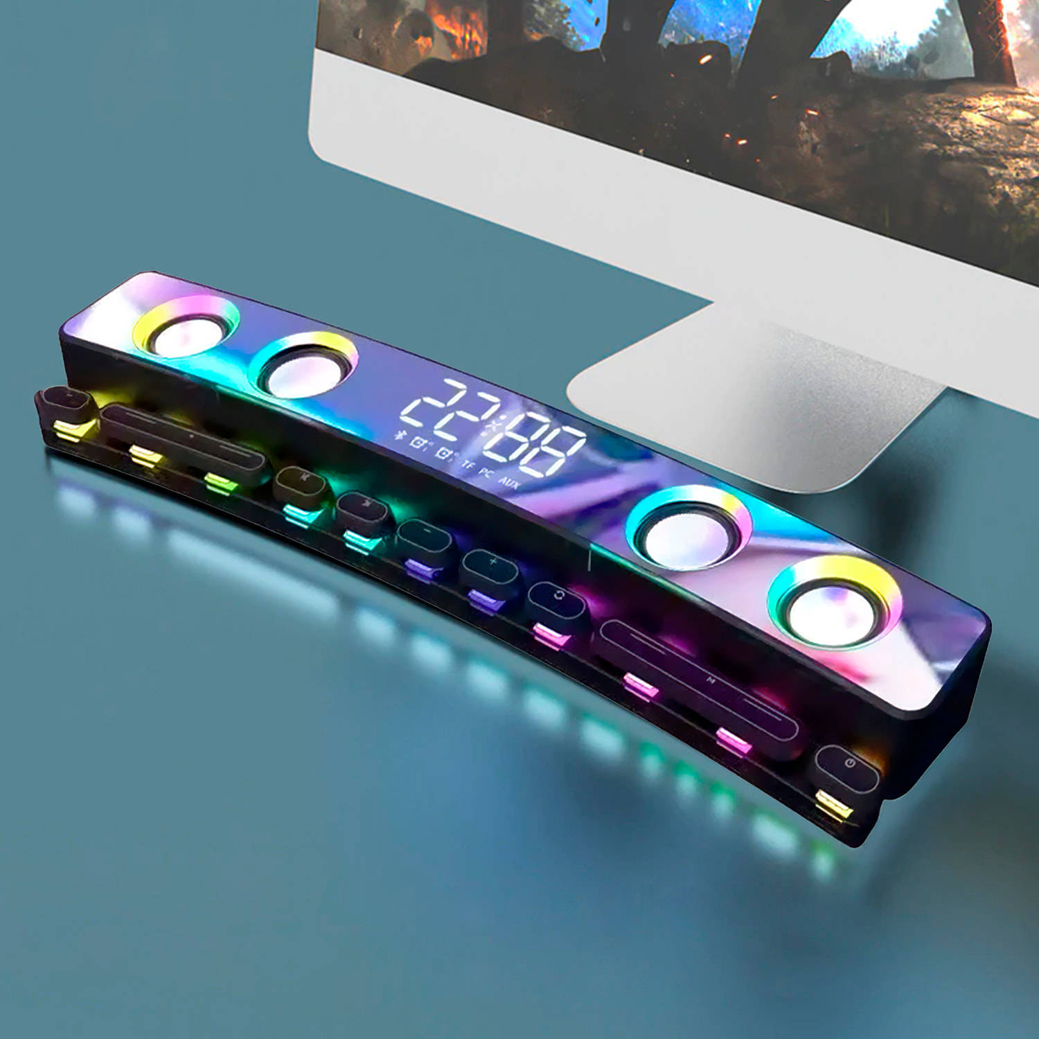 Barra de sonido SH39 Bluetooth 5.4 con teclas mecánicas, pantalla y luz RGB. Batería de 3600mAh. Gaming, home cinema.