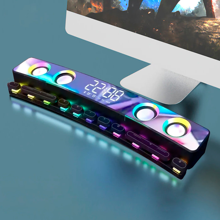 Barra de sonido SH39 Bluetooth 5.4 con teclas mecánicas, pantalla y luz RGB. Batería de 3600mAh. Gaming, home cinema.