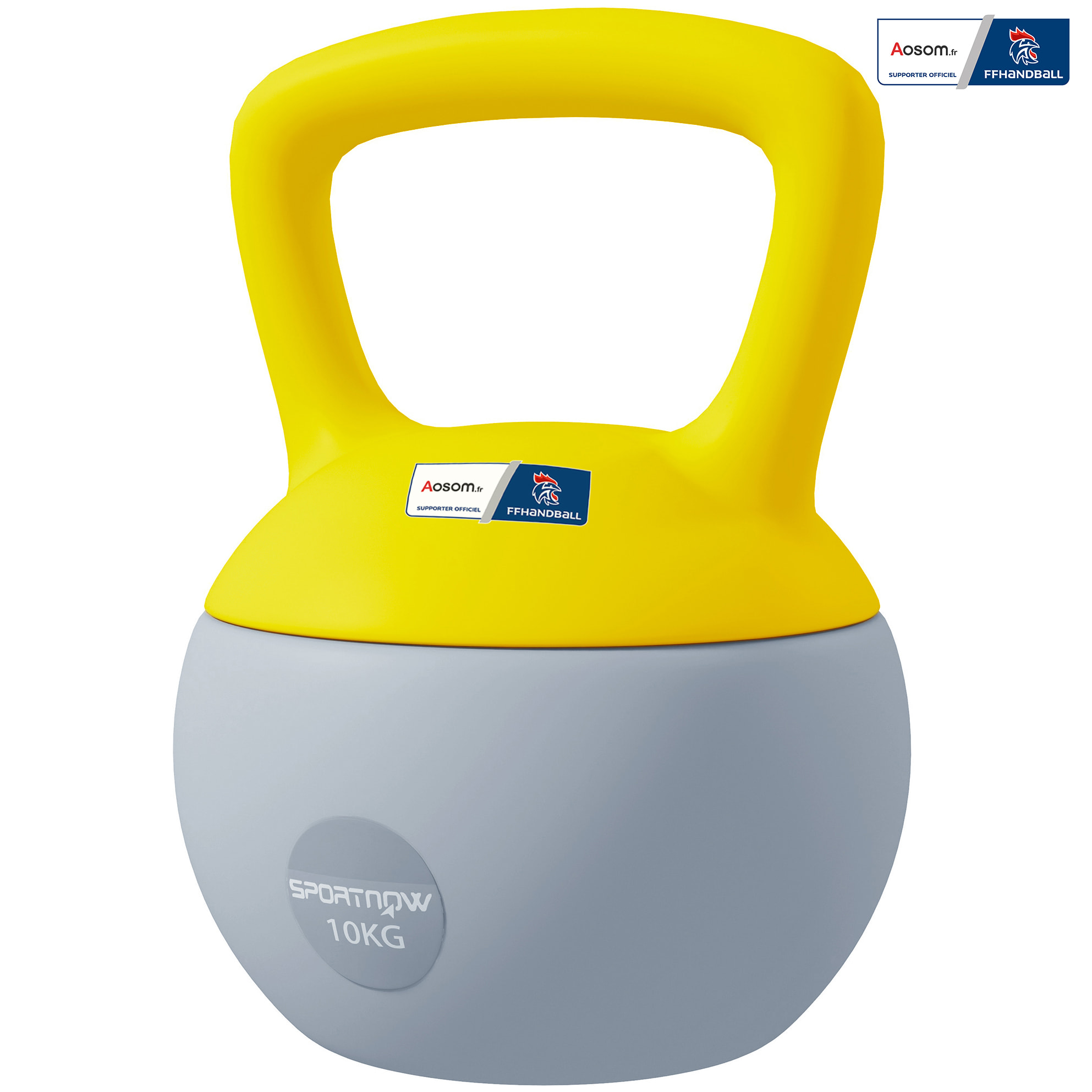 Kettlebell 10 Kg collaboration Aosom.fr x FFHandball - prise ergonomique - PVC gris jaune