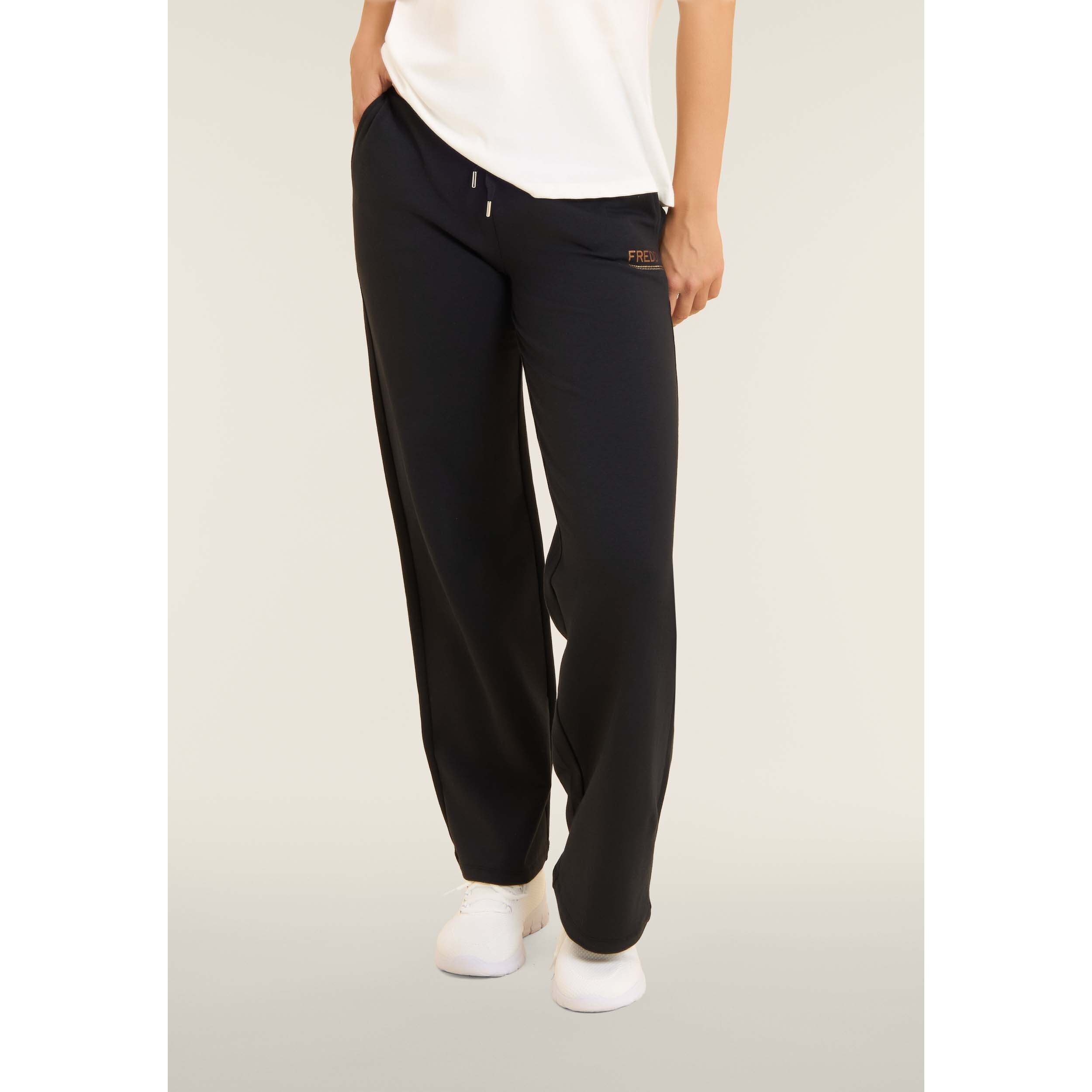 Pantaloni wide leg da donna con logo in strass bicolore