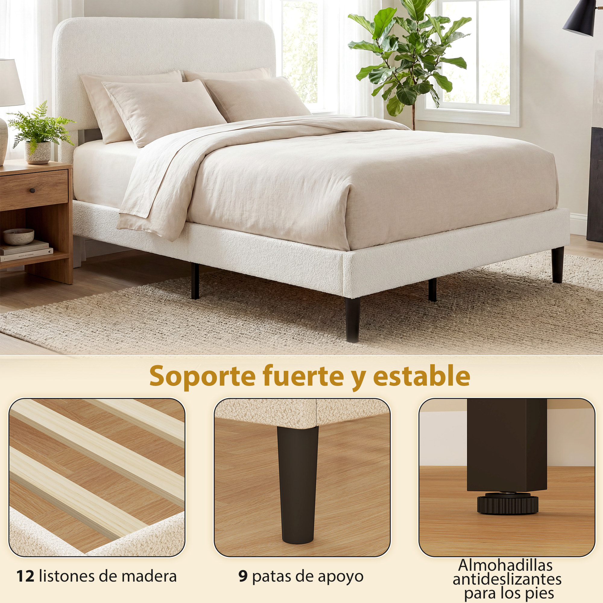 Cama Tapizada en Borreguito, 135x190 cm, Cama Matrimonio con Cabecero Ajustable en Altura, Listones de Madera, Blanco