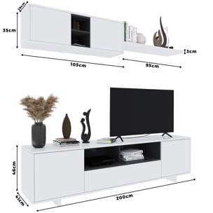 Parete Attrezzata Mobile Swiss Mobile Soggiorno TV Mensola Modulo Sospeso Salotto Legno Base Televisione Sala da Pranzo Design 200 x 41 x 46 cm Bianco
