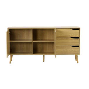Buffet de rangement scandinave. buffet haut. vaisselier. 2 portes. 3 tiroirs. effet frêne. 160cm