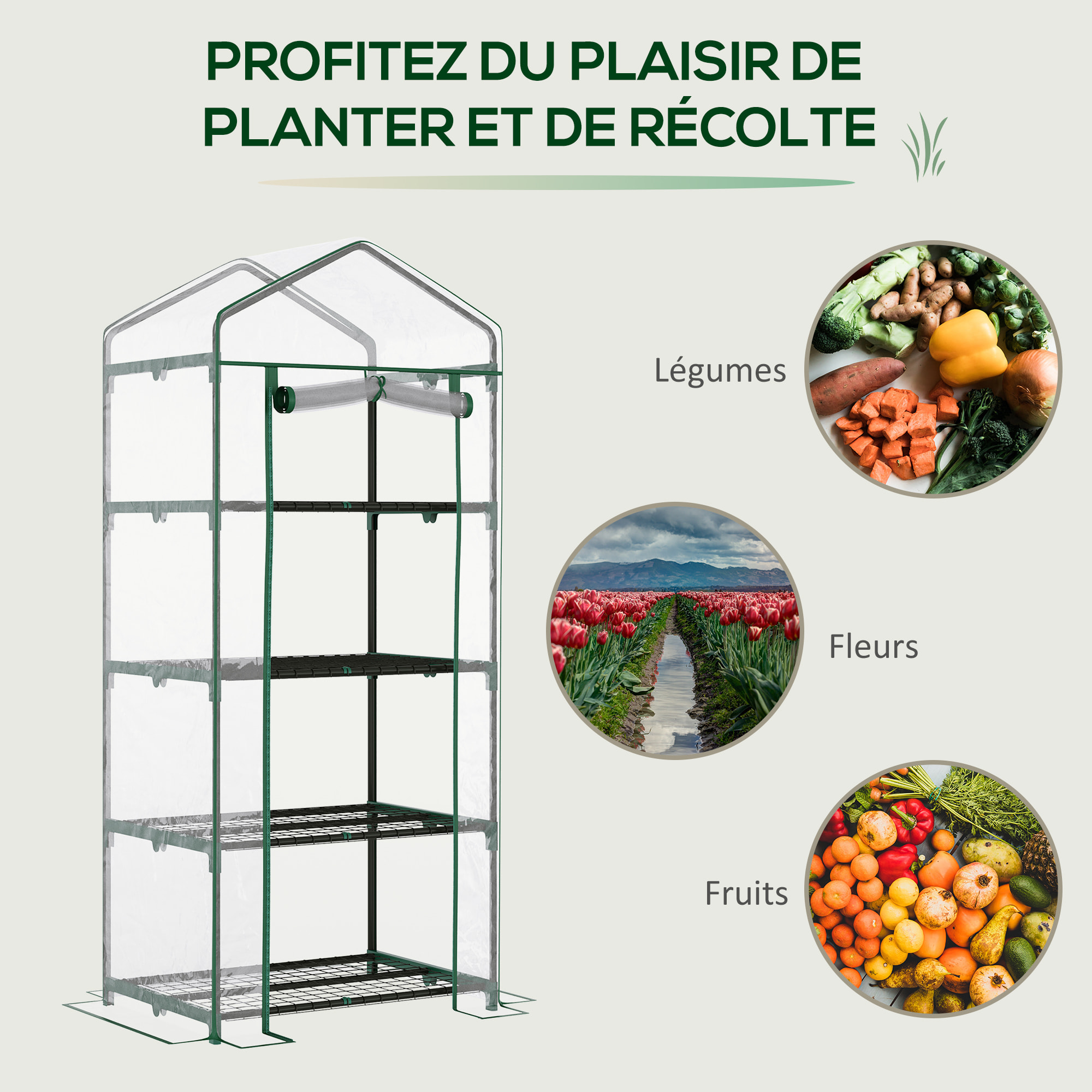 Serre de jardin balcon étagère serre 4 niveaux 0,7L x 0,5l x 1,6H m acier époxy bâche amovible PVC haute densité transparente