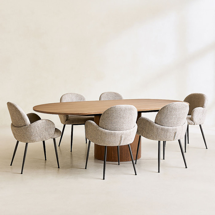 Ensemble table extensible ovale et 6 fauteuils en tweed tabac