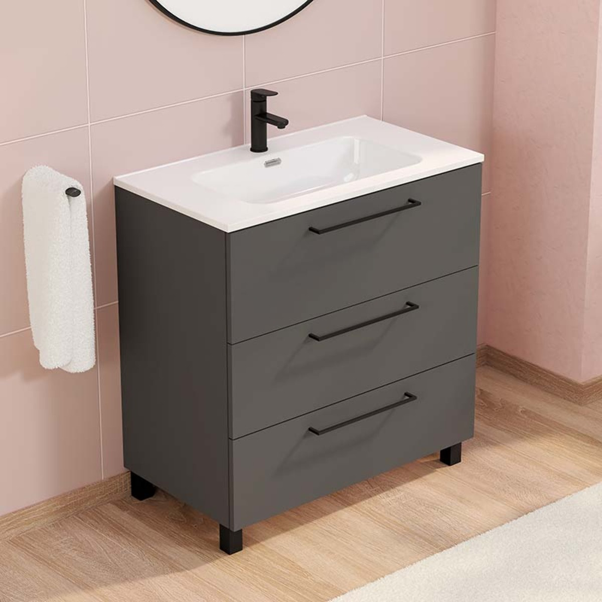 Conjunto de baño Haru | Mueble de baño con patas | 80 cm Gris Mate| Tres cajones | Lavabo encastrado | No incluye espejo | Alday
