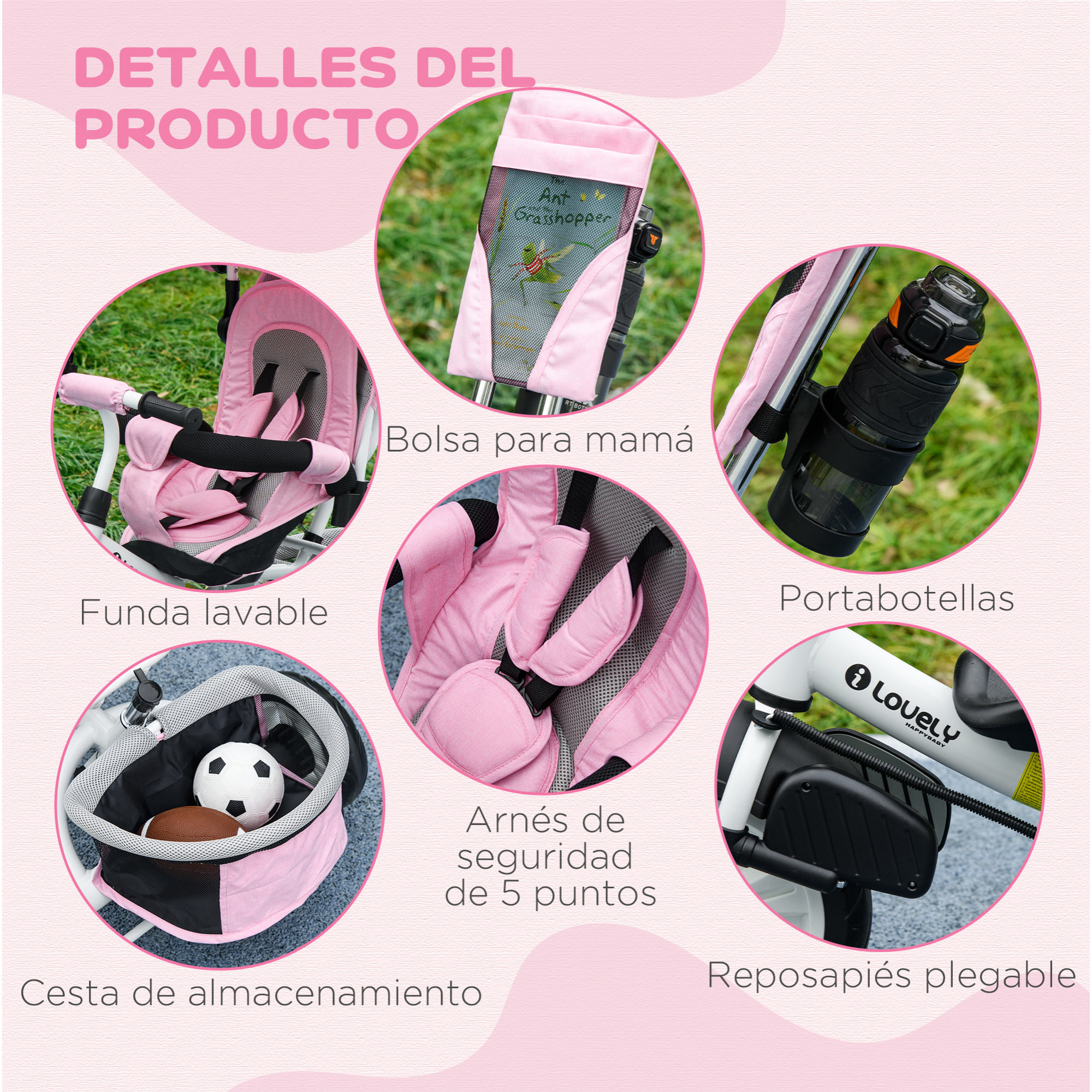 Triciclo para Bebés Triciclo Evolutivo para Niños con Toldo Plegable Mango de Empuje Telescópico y Desmontable Bolso para Mamá y Portabotellas 102x49x102 cm Rosa