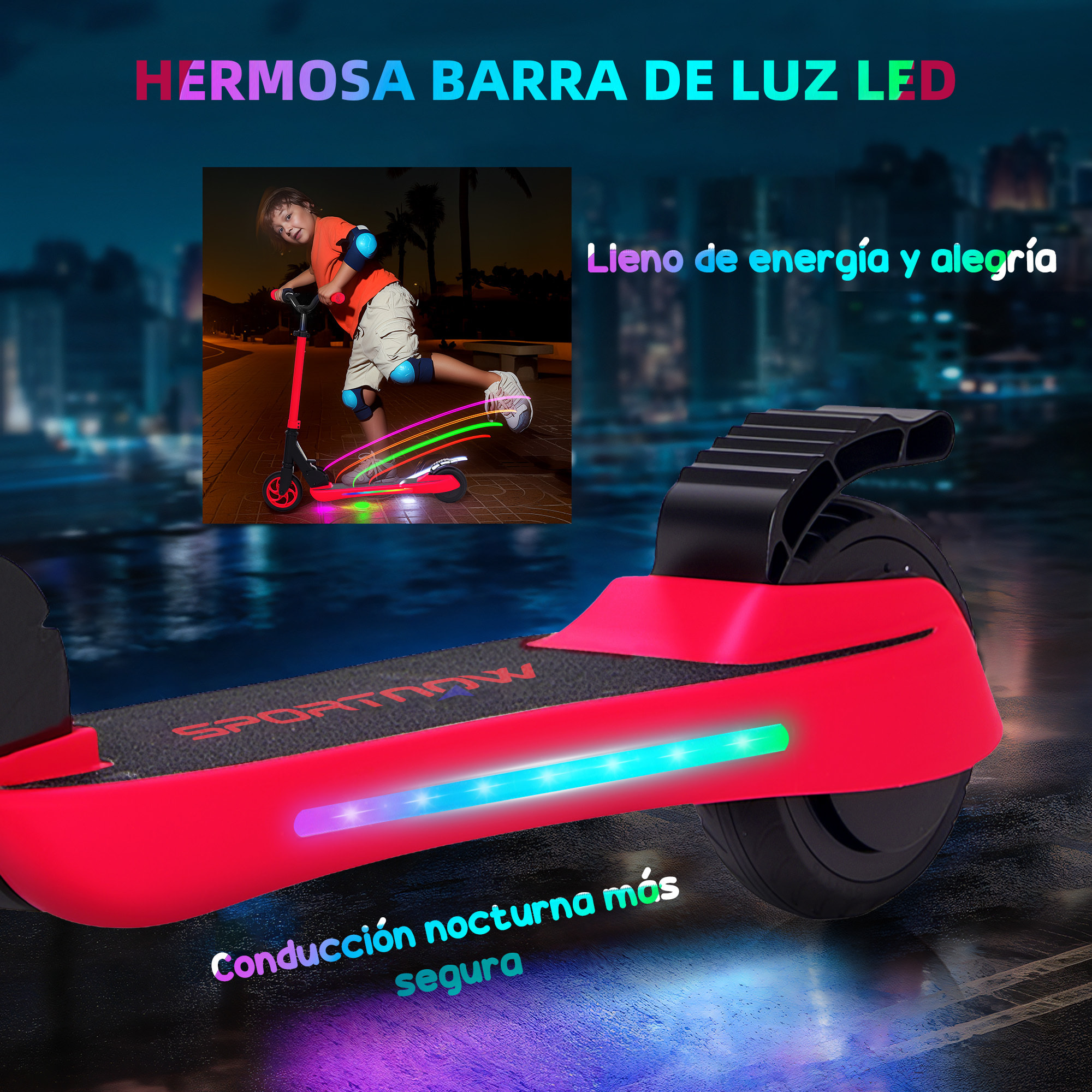 Patinete Eléctrico Plegable MAX 10 KM/H Patín Eléctrico de +6 Años Motor 120 W Autonomía 6 KM Ruedas de 5" - 5,5" Freno Posterior Altura Ajustable Luces LED y Marco de Aluminio Rojo