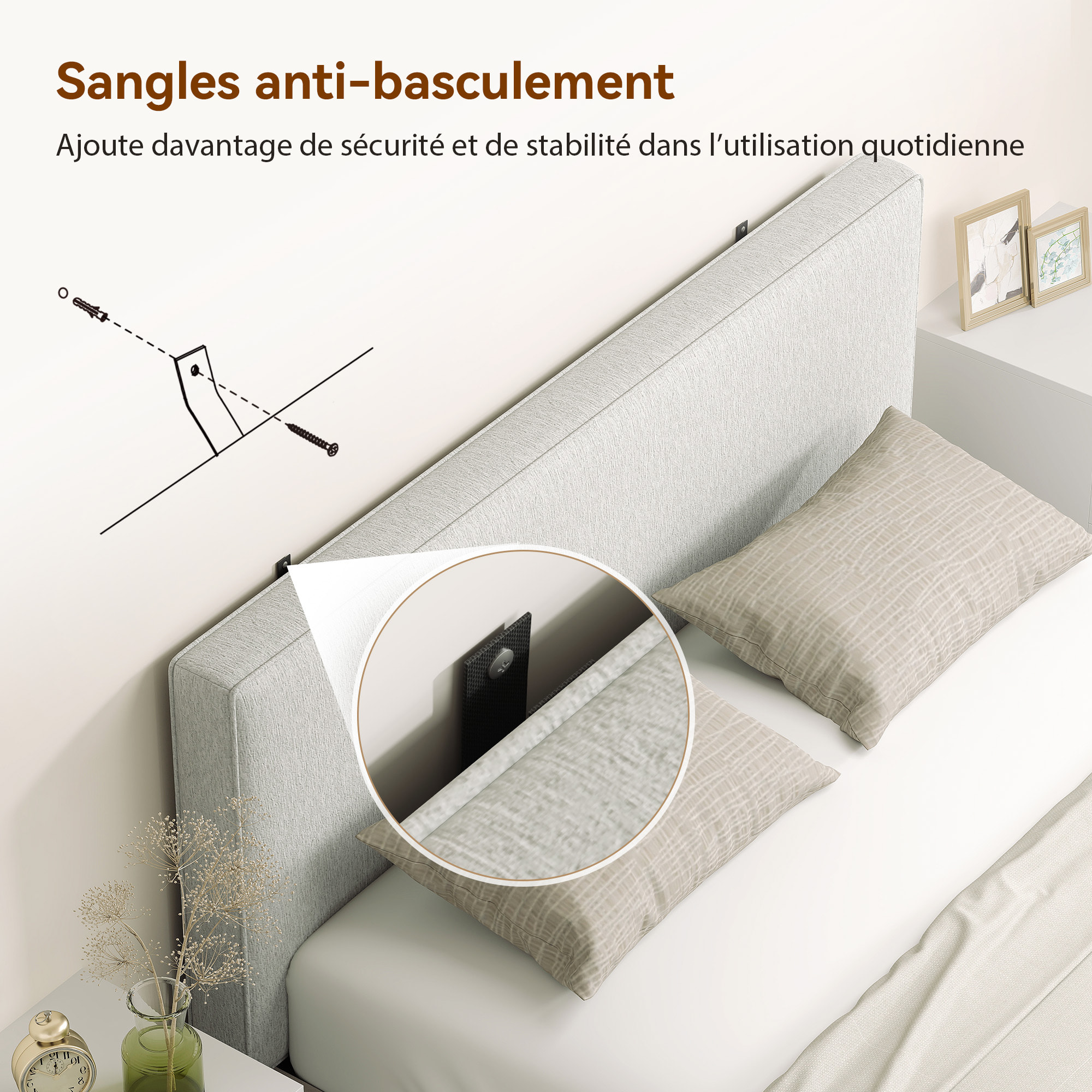 Tête de lit murale rembourrée tissu toucher lin - dim. 140L x 60H cm ép. 10 cm -gris clair chiné