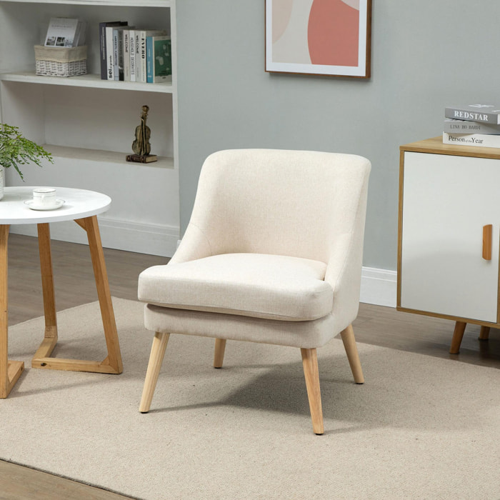 Fauteuil lounge design scandinave pieds effilés bois massif hévéa revêtement tissu polyester aspect lin beige