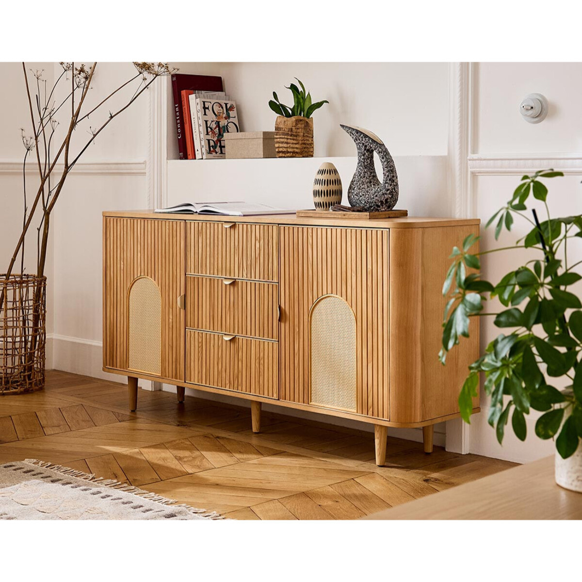 Milazzo - buffet bas - bois plaqué chêne et cannage - 3 tiroirs et 2 portes - 160 cm - Bois