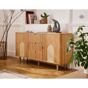Milazzo - buffet bas - bois plaqué chêne et cannage - 3 tiroirs et 2 portes - 160 cm - Bois