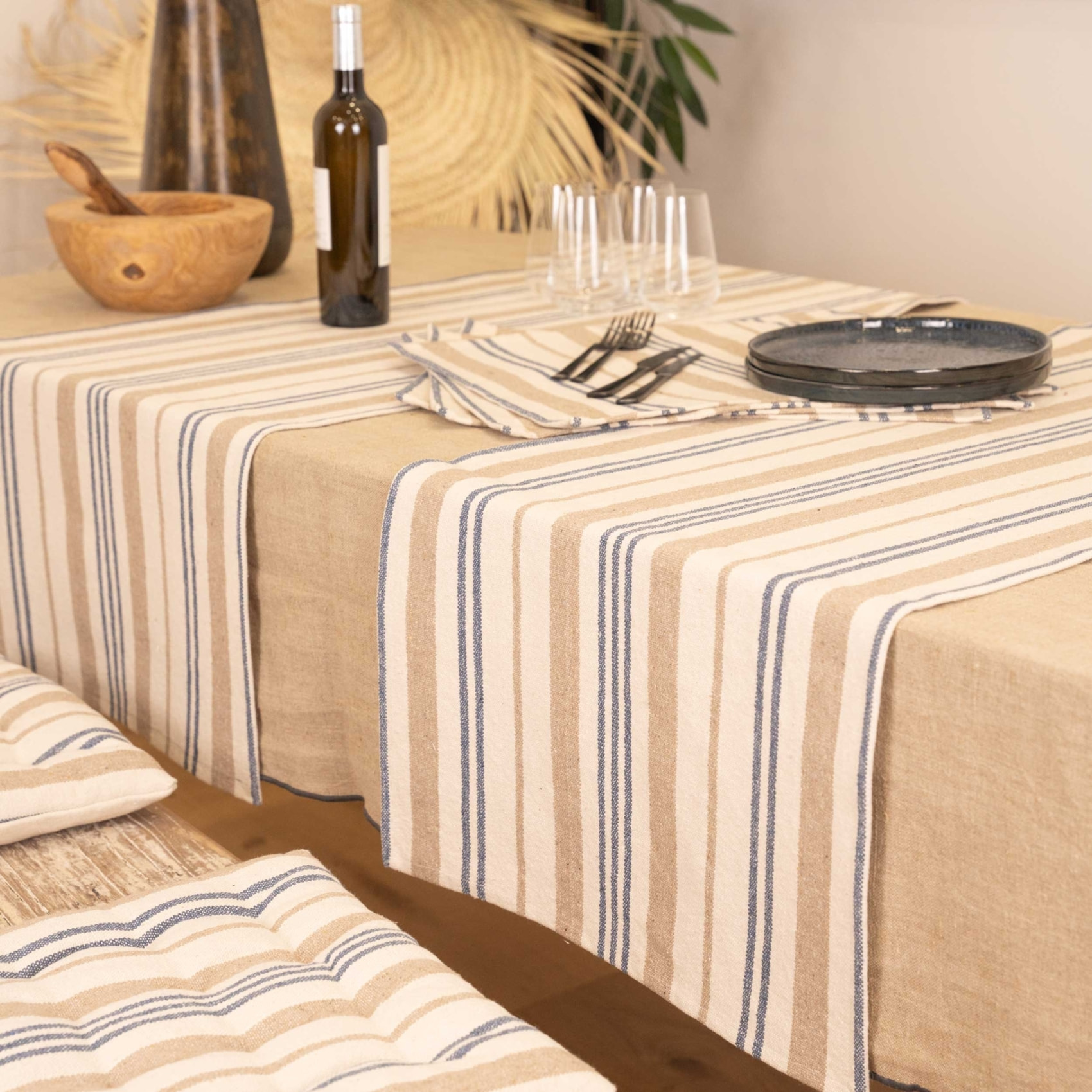 Chemin de table à rayures en coton - Bleu Foncé