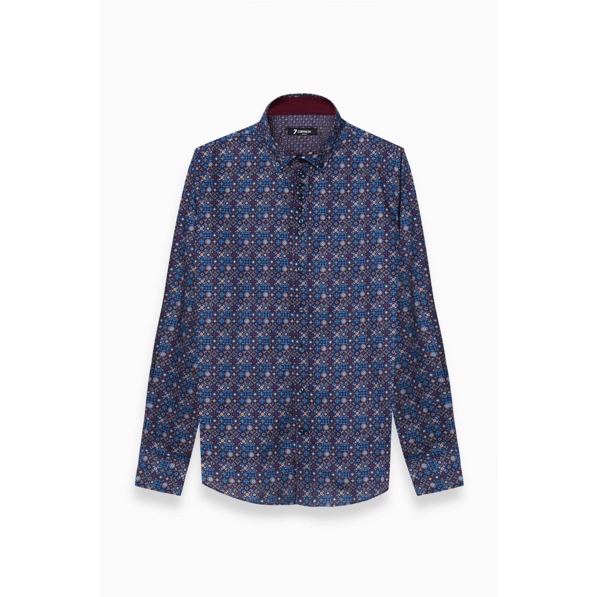 Camicia Uomo 1 Bottoni Button Down Slim Popeline Stampato Blu e Rosso