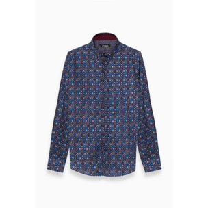 Camicia Uomo 1 Bottoni Button Down Slim Popeline Stampato Blu e Rosso